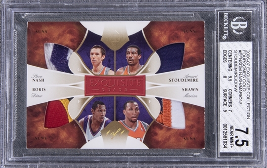 2006-07 UD "Exquisite Collection" Foursomes Gold #EFNSDM Steve Nash/Amare Stoudamire/Shawn Marion/Boris Diaw Game Used Patch Card (#1/1) – BGS NM+ 7.5